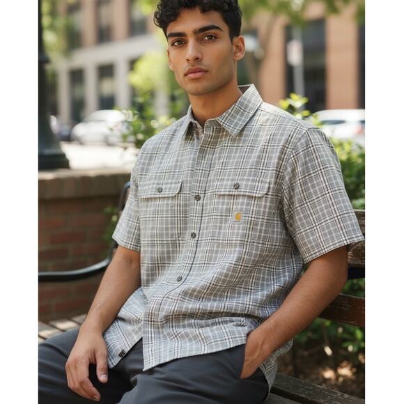 Carhartt NWT Mens Shirt SZ Med Rugged Flex Shorter Length Gray Plaid Relaxed - Picture 1 of 11